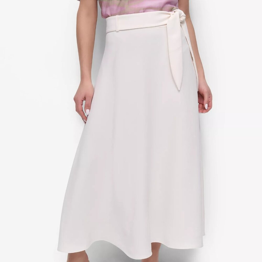 DKNY Women's Aero Crepe Belted Midi Skirt Draped 2 Coconut cream UD5S2896 NEW